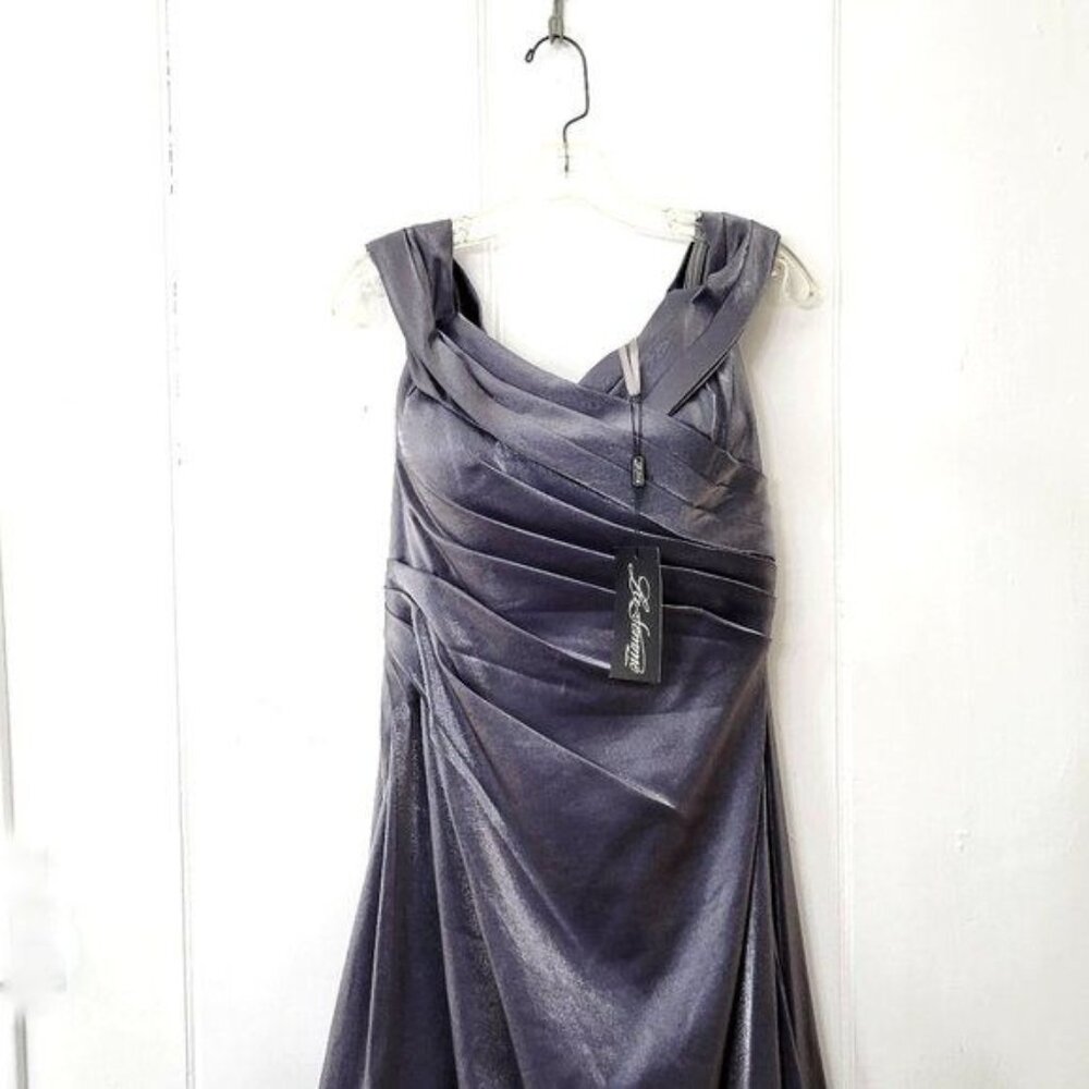 La Femme Runched Satin Trumpet Gown Gunmetal #27846 New with Tag - Picture 2 of 9